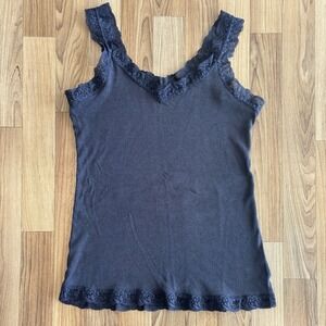Lace Trim Ribbed Cami Tank Navy Blue Size Large Layering Coquette Y2K 90's Fairy